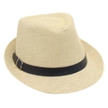 Detail of the woven straw fedora hat texture with a black belt and silver buckle - Beige