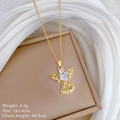 Detail of gold angel pendant necklace with heart crystal and precise size specifications - Heart Diamond Angel Style (E449)