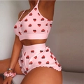 Women's pink strawberry print two-piece pajama set with camisole and ruffled shorts - S / Pink Strawberry Print (A1)