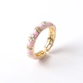 Macro detail of adjustable gold plated ring with pink enamel flower and zircon stone - Adjustable Open / 05-Pink White Flower