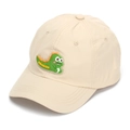 Detail shot of a beige kids baseball cap with a 3D cartoon green dragon silicone patch - 52-54cm / Khaki