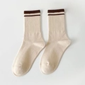 Beigefarbene wadenhohe Baumwollsocken mit klassischen braunen Streifen und Strickmuster - Einheitsgröße (EU 35-40) / Beige (1 Paar)