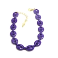 Close-up of purple coffee bean link necklace with gold lobster clasp and extension chain - Purple