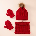 Red cable knit winter set for kids with pom pom hat, scarf and mittens - Red 3-Piece Set