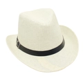 Detail view of a white western cowboy straw hat with a black belt buckle. - One Size / Cream