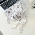 Floral lace cotton triangle scarf in white with purple flower patterns and lace straps - Waterdrop Floral White Base