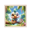 Wooden 9-piece educational puzzle for kids with a cute cartoon bird in a tropical scene - Parrot