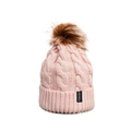 Détail du bonnet en maille torsadée rose avec pompon marron et étiquette Freedom - M (56-58cm) / Rose Clair