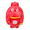 Plush red dinosaur backpack for kids featuring cartoon design on a clean white background - Red