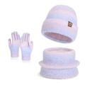 Pink and purple gradient knitted beanie, scarf, and gloves set with soft fuzzy texture - Three-Piece Set / Purple