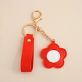 Red flower leather keychain with built-in mirror and gold-tone metal clasp - Flower Mirror / Red
