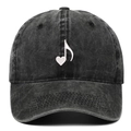 Vintage washed charcoal cotton baseball cap with musical note heart embroidery - Black