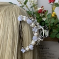 Silver chain hair claw clip with white pearls and light blue gemstones on blonde hair - Blue Lace Agate Deep Sea Pearl Silver Hair Claw
