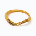 Detailed view of wave-shaped stainless steel ring with colorful zircon and 1.2g weight - US 7 / Gold Multicolor Zirconia