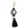 Porte-clés en perles silicone noir, blanc, imprimé léopard avec un gland noir - Imprimé Vache Blanc