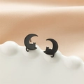 Detailed close-up of black cat and moon stainless steel stud earrings on ceramic tray - 748 Black