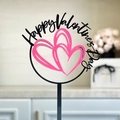 Detail of Happy Valentine's Day acrylic cake topper with pink double heart design - Black Base + Magenta Double Layer Heart