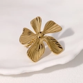 Exaggerated gold plated stainless steel flower ring with adjustable open band design - Radiant Texture 5-Petal Flower (JR572-Gold)