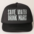 Schwarze Trucker-Mütze mit weißem Save Water Drink Margs Print und Netzrückseite - Einheitsgröße / Schwarz