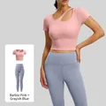 Ensemble de yoga avec haut court rose Barbie évidé et legging bleu-gris taille haute - S / Barbie Rose + Bleu Lac Gris