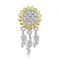 Sonnenblume Traumfänger Charm aus S925 Silber mit Zirkonia und hängenden Federn - Sonnenblume Feder Quaste Anhänger