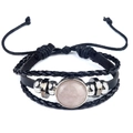 Multilayer black leather woven bracelet with a round pink crystal stone inlay - Rose Quartz