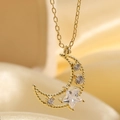 Élégant collier plaqué or 14 carats avec pendentif lune et étoile en zircone - Doré