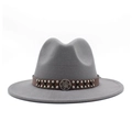 Detailed view of light gray wool fedora hat with brown leather studded band and buckle - Light Gray