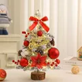 45cm flocked mini Christmas tree with red ornaments and warm LED lights on wood base - 45cm Red Set (With Lights)