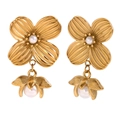 Vintage 18K gold plated stainless steel flower earrings with white pearls - Large and Small Spliced Flower Imitation Pearl Stud Earrings / Gold