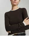 Detail view of contrast knit sweater cuffs and collar with premium wool texture - One Size / Tops / Dark Brown Round Neck