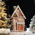 Vintage lighted wooden Christmas cabin with artificial snow and trees, 48cm tall - Pine Tree Snow House Style B Battery Model