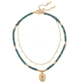 Collier bohème double rang avec perles turquoise et pendentif serti de pierres - Or et Bleu