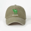 Vintage washed olive green baseball cap featuring a Saudi Arabia camel flag graphic - Adjustable / Dark Khaki