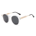 Gafas de sol redondas retro con montura transparente y patillas doradas sobre fondo blanco - Montura Blanca Transparente Lente Negra
