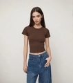 Slim fit brown modal sports T-shirt with crew neck and cropped waist for women - Dark Brown