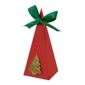Rote dreieckige Weihnachtsdose mit grünem Seidenband und goldenem Anhänger - Weihnachtsbaum-Stil