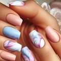 Uñas postizas degradadas en mármol azul y rosa con forma cuadrada ovalada media brillante - Estilo de Mármol Azul Blanco (Tipo de Pegamento) (Y-501)