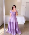 Detail of light purple floral off-shoulder maxi dress with smocked waist and tiered skirt - S / Light Purple