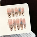 Faux ongles faits main motif léopard rose avec perles de luxe et strass incrustés - 1030-Stiletto Mince Léopard (L)