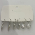 Three pairs of silver earrings set featuring geometric drops and white pearl accents - Silver White Taper (WG-1284)