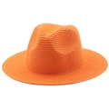 Detail view of woven orange straw sun hat with breathable texture and jazz style - Orange