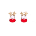 Detailed view of cute Christmas reindeer stud earrings with red nose and gold antlers - A138-23 Reindeer