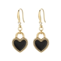 Golden heart earrings with black enamel inlay and small crystal accents on white background - Gold Black Heart Stud Earrings (KE105826-Z)