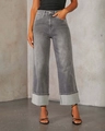 Detail view of high waist wide leg jeans with vintage folded cuffs and gray wash denim texture - S / Gray