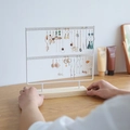 White metal double-tier earring display stand with wooden base and jewelry storage - 44 Holes / White