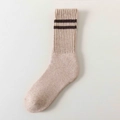 Beige ribbed wool crew socks featuring dark brown double stripes on the cuffs - Oatmeal