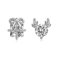Silver S925 asymmetric reindeer and gift box stud earrings with zircon stones - Gift Box Reindeer Asymmetric Earrings / White Gold Asymmetric Earrings