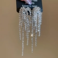 Detailansicht der Quasten-Ohrringe mit glitzernden Strasssteinen und silberner Nadel - Silber Langer Stil (Silbernadel)