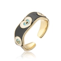 Detailed side view of 18K gold plated ring featuring colorful evil eye and heart motifs - Adjustable Open / 12154-Black Heart Evil Eye